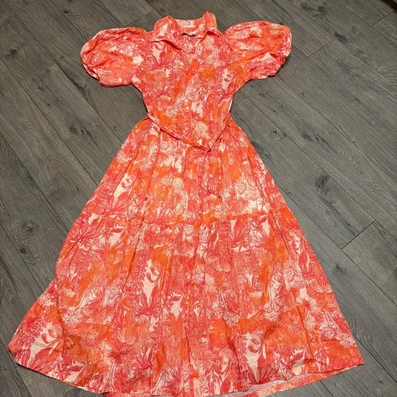 Orange Hawaiian puff sleeve maxi dress belted - Picture 2 of 4